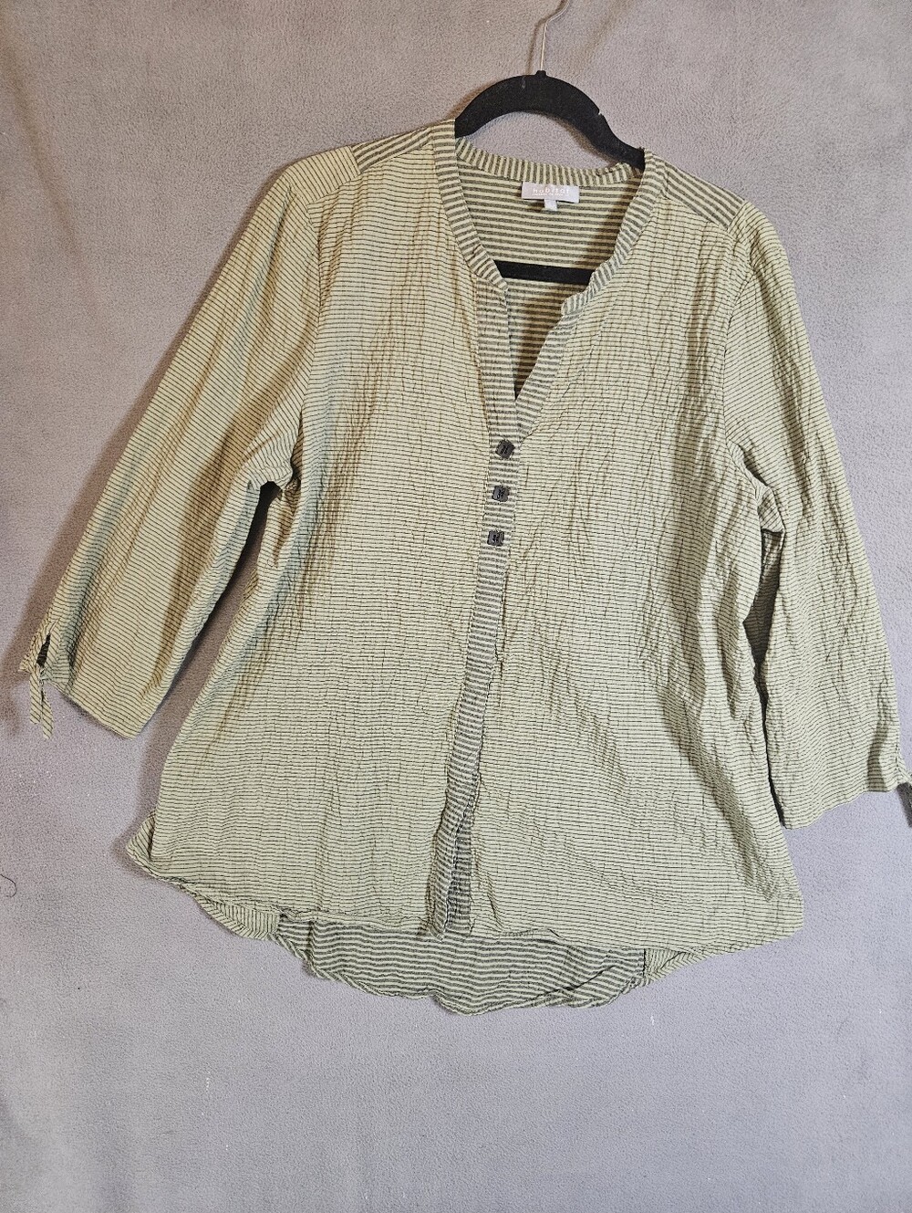 Habitat Lagenlook Womens Large Shirt Crinkle Sage Green Stripe 3/4 Sleeve Boho